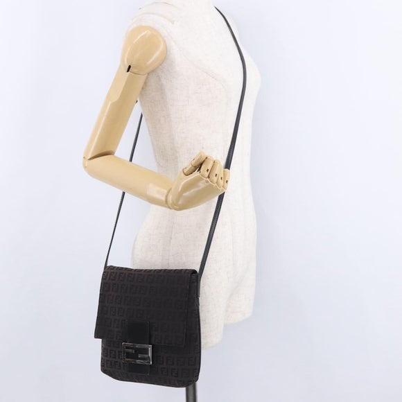 FENDI Zucchino Canvas Shoulder Bag Black Silver Auth 197666