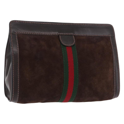 GUCCI Web Sherry Line Clutch Bag Suede Brown 67 014 2126 Auth 197682