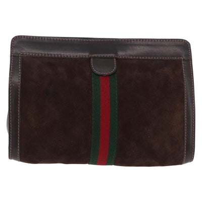 GUCCI Web Sherry Line Clutch Bag Suede Brown 67 014 2126 Auth 197682 - 0