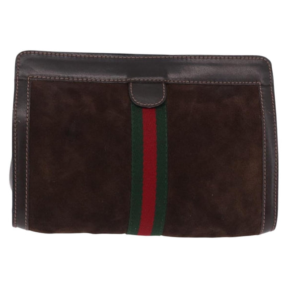 GUCCI Web Sherry Line Clutch Bag Suede Brown 67 014 2126 Auth 197682