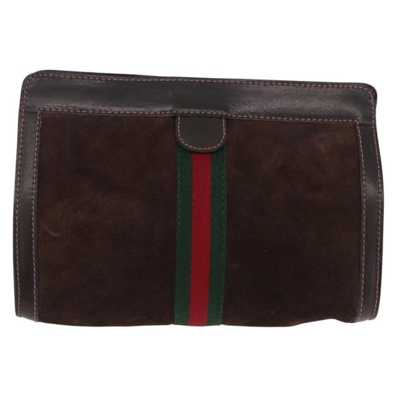GUCCI Web Sherry Line Clutch Bag Suede Brown 67 014 2126 Auth 197682