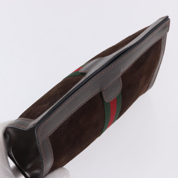 GUCCI Web Sherry Line Clutch Bag Suede Brown 67 014 2126 Auth 197682