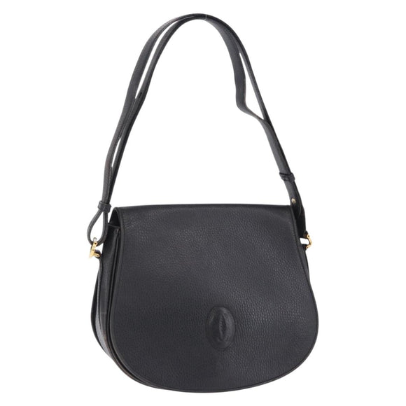 CARTIER Shoulder Bag Leather Black Gold Auth 197686