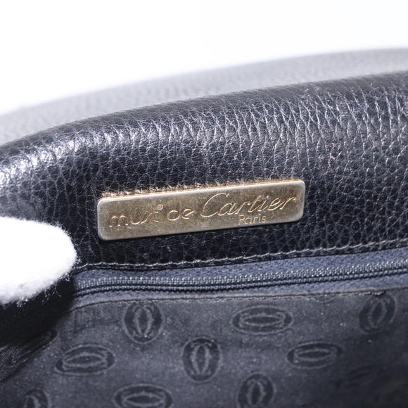 CARTIER Shoulder Bag Leather Black Gold Auth 197686