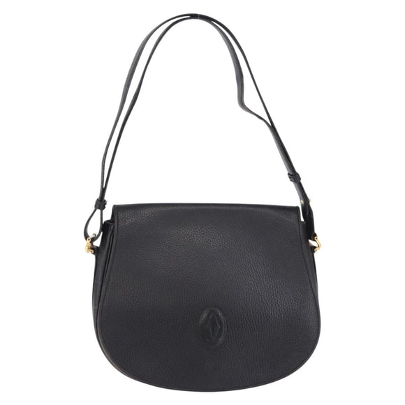 CARTIER Shoulder Bag Leather Black Gold Auth 197686