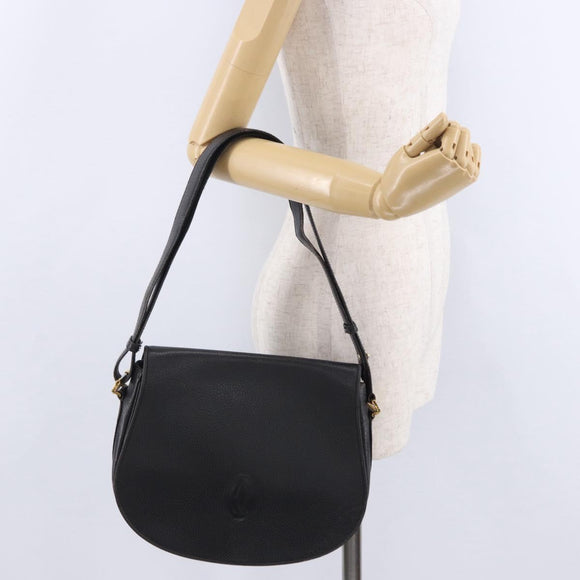 CARTIER Shoulder Bag Leather Black Gold Auth 197686