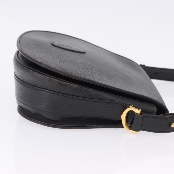 CARTIER Shoulder Bag Leather Black Gold Auth 197686