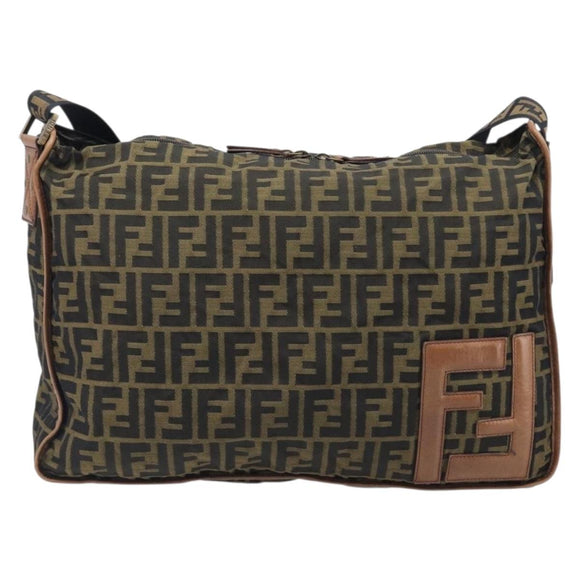 FENDI Zucca Canvas Shoulder Bag Brown Black Auth 197699