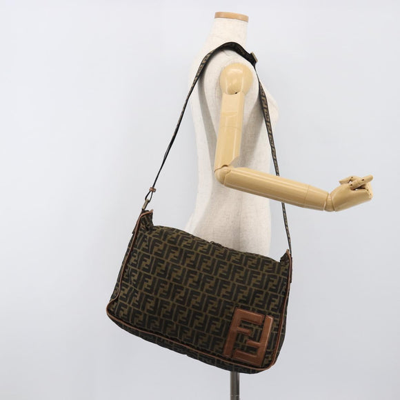 FENDI Zucca Canvas Shoulder Bag Brown Black Auth 197699
