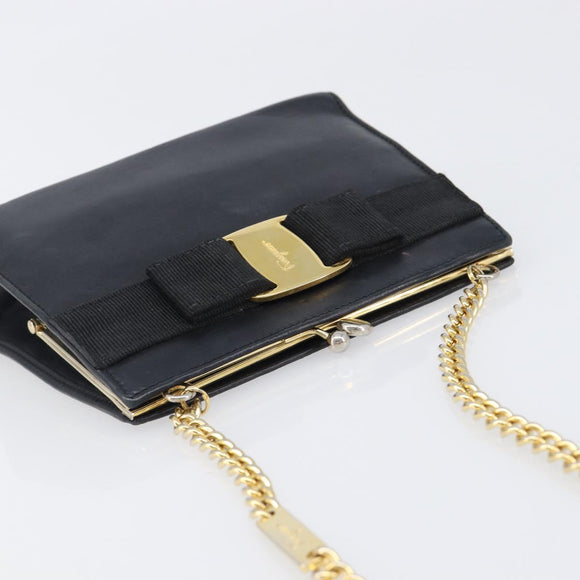 Salvatore Ferragamo Vala Chain Shoulder Bag Leather Navy Gold Auth 197700