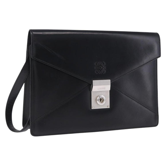 LOEWE Clutch Bag Leather Black Silver Auth 197703