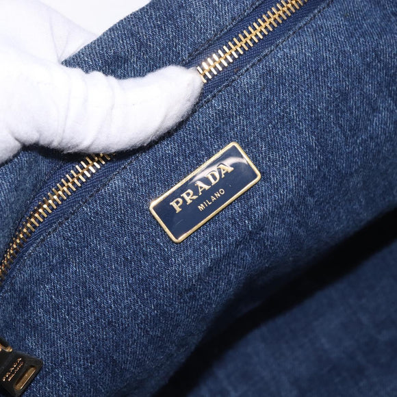 PRADA Canapa GM Hand Bag Denim Blue Gold Auth 197708