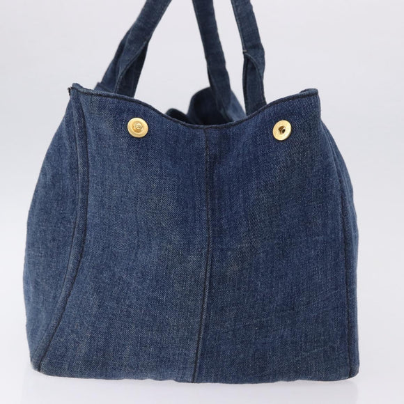 PRADA Canapa GM Hand Bag Denim Blue Gold Auth 197708