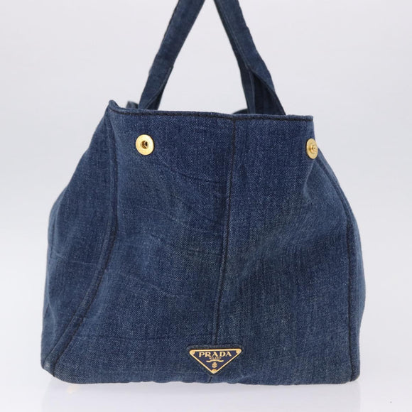 PRADA Canapa GM Hand Bag Denim Blue Gold Auth 197708