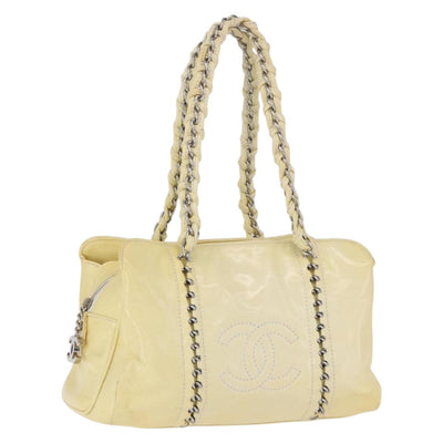 CHANEL COCO Mark Chain Hand Bag Patent Leather Yellow Silver CC Auth 197714
