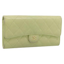 CHANEL Matelasse Long Wallet Lamb Skin Green Gold CC Auth 197728-1