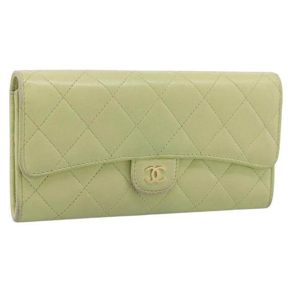 CHANEL Matelasse Long Wallet Lamb Skin Green Gold CC Auth 197728