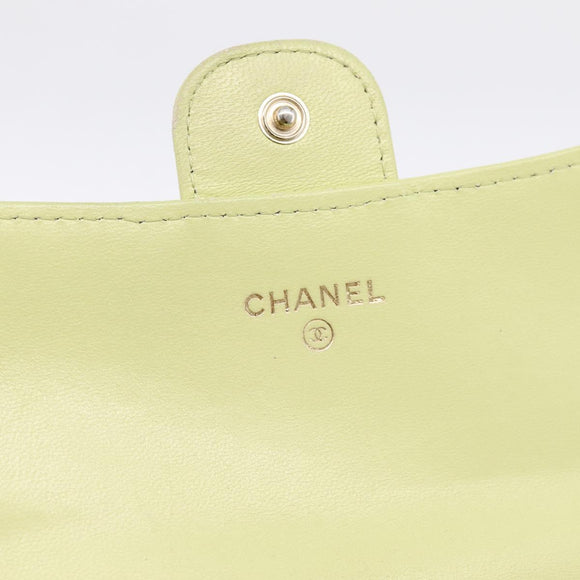 CHANEL Matelasse Long Wallet Lamb Skin Green Gold CC Auth 197728
