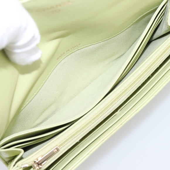 CHANEL Matelasse Long Wallet Lamb Skin Green Gold CC Auth 197728