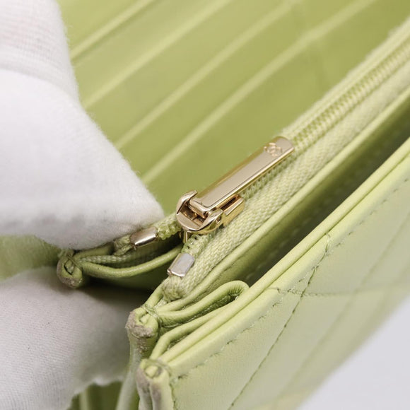 CHANEL Matelasse Long Wallet Lamb Skin Green Gold CC Auth 197728