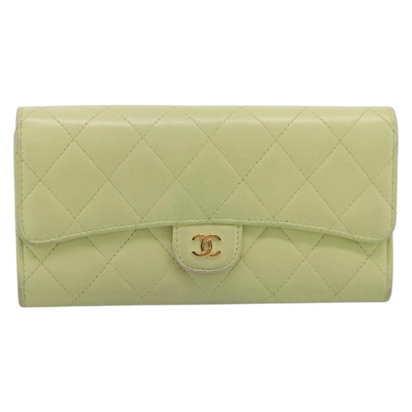 CHANEL Matelasse Long Wallet Lamb Skin Green Gold CC Auth 197728