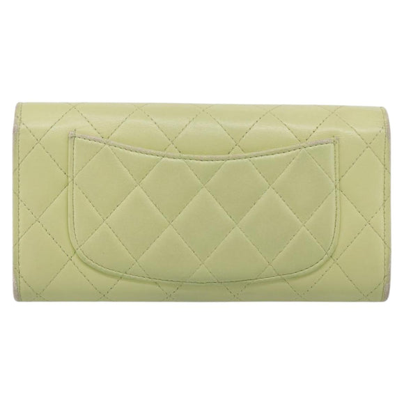 CHANEL Matelasse Long Wallet Lamb Skin Green Gold CC Auth 197728