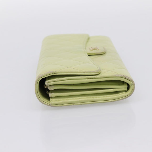 CHANEL Matelasse Long Wallet Lamb Skin Green Gold CC Auth 197728