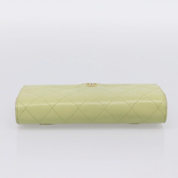 CHANEL Matelasse Long Wallet Lamb Skin Green Gold CC Auth 197728