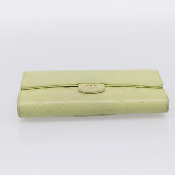 CHANEL Matelasse Long Wallet Lamb Skin Green Gold CC Auth 197728