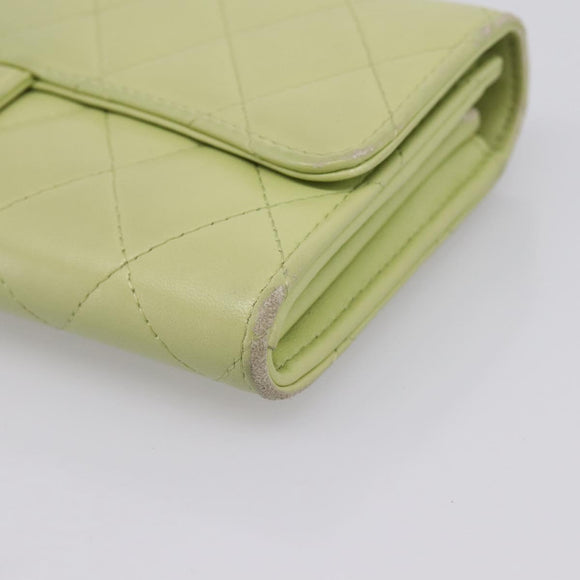 CHANEL Matelasse Long Wallet Lamb Skin Green Gold CC Auth 197728