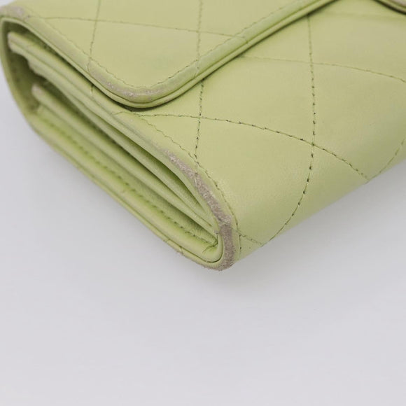 CHANEL Matelasse Long Wallet Lamb Skin Green Gold CC Auth 197728
