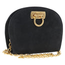 Salvatore Ferragamo Gancini Chain Shoulder Bag Suede Black Gold Auth 197729-1