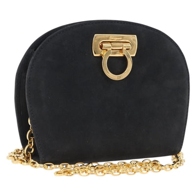 Salvatore Ferragamo Gancini Chain Shoulder Bag Suede Black Gold Auth 197729