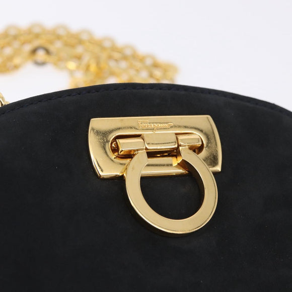 Salvatore Ferragamo Gancini Chain Shoulder Bag Suede Black Gold Auth 197729