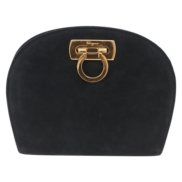 Salvatore Ferragamo Gancini Chain Shoulder Bag Suede Black Gold Auth 197729