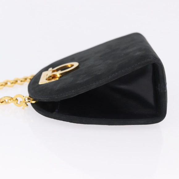 Salvatore Ferragamo Gancini Chain Shoulder Bag Suede Black Gold Auth 197729