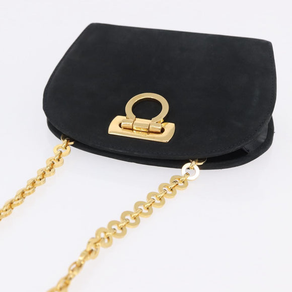 Salvatore Ferragamo Gancini Chain Shoulder Bag Suede Black Gold Auth 197729
