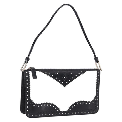Christian Dior Hand Bag Patent Leather Black White Silver Auth 197758