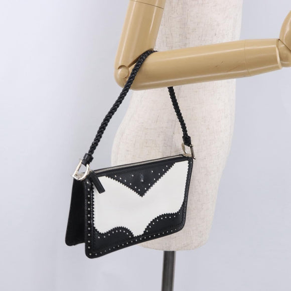 Christian Dior Hand Bag Patent Leather Black White Silver Auth 197758