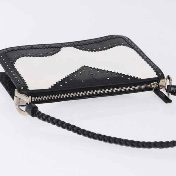 Christian Dior Hand Bag Patent Leather Black White Silver Auth 197758