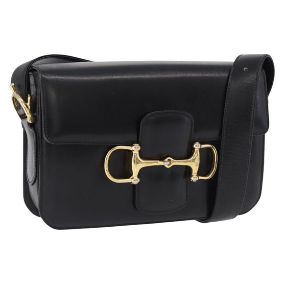 CELINE Horsebit Shoulder Bag Leather Black Gold Auth 197762A