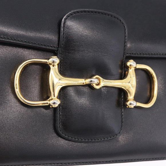 CELINE Horsebit Shoulder Bag Leather Black Gold Auth 197762A