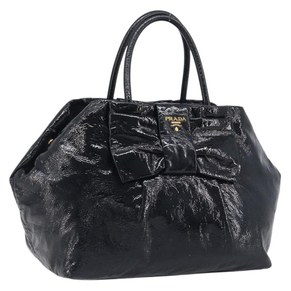 PRADA Hand Bag Patent leather Black Gold Auth 197763A