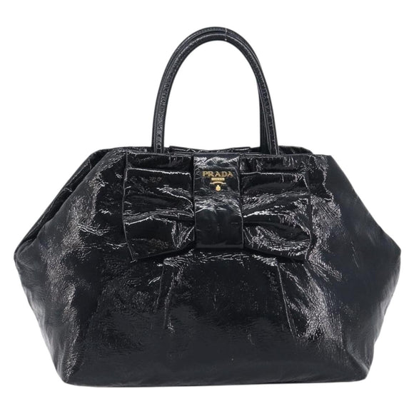 PRADA Hand Bag Patent leather Black Gold Auth 197763A
