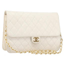 CHANEL Matelasse Chain Shoulder Bag Lamb Skin White Gold CC Auth 197774-1