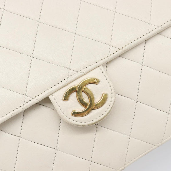 CHANEL Matelasse Chain Shoulder Bag Lamb Skin White Gold CC Auth 197774