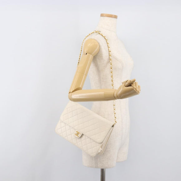 CHANEL Matelasse Chain Shoulder Bag Lamb Skin White Gold CC Auth 197774