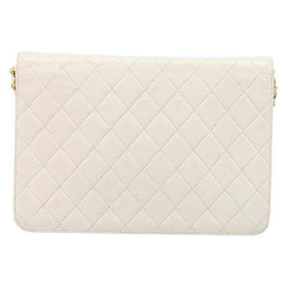 CHANEL Matelasse Chain Shoulder Bag Lamb Skin White Gold CC Auth 197774