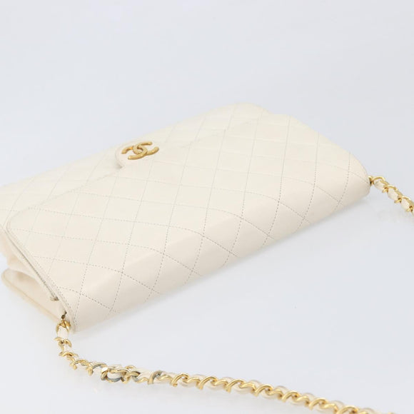 CHANEL Matelasse Chain Shoulder Bag Lamb Skin White Gold CC Auth 197774