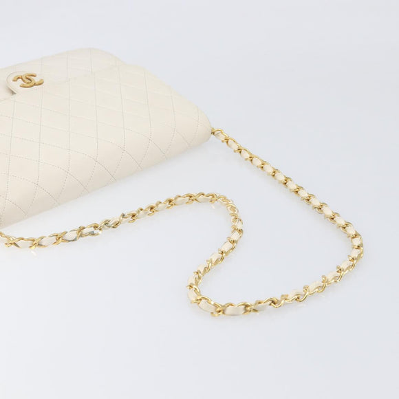 CHANEL Matelasse Chain Shoulder Bag Lamb Skin White Gold CC Auth 197774